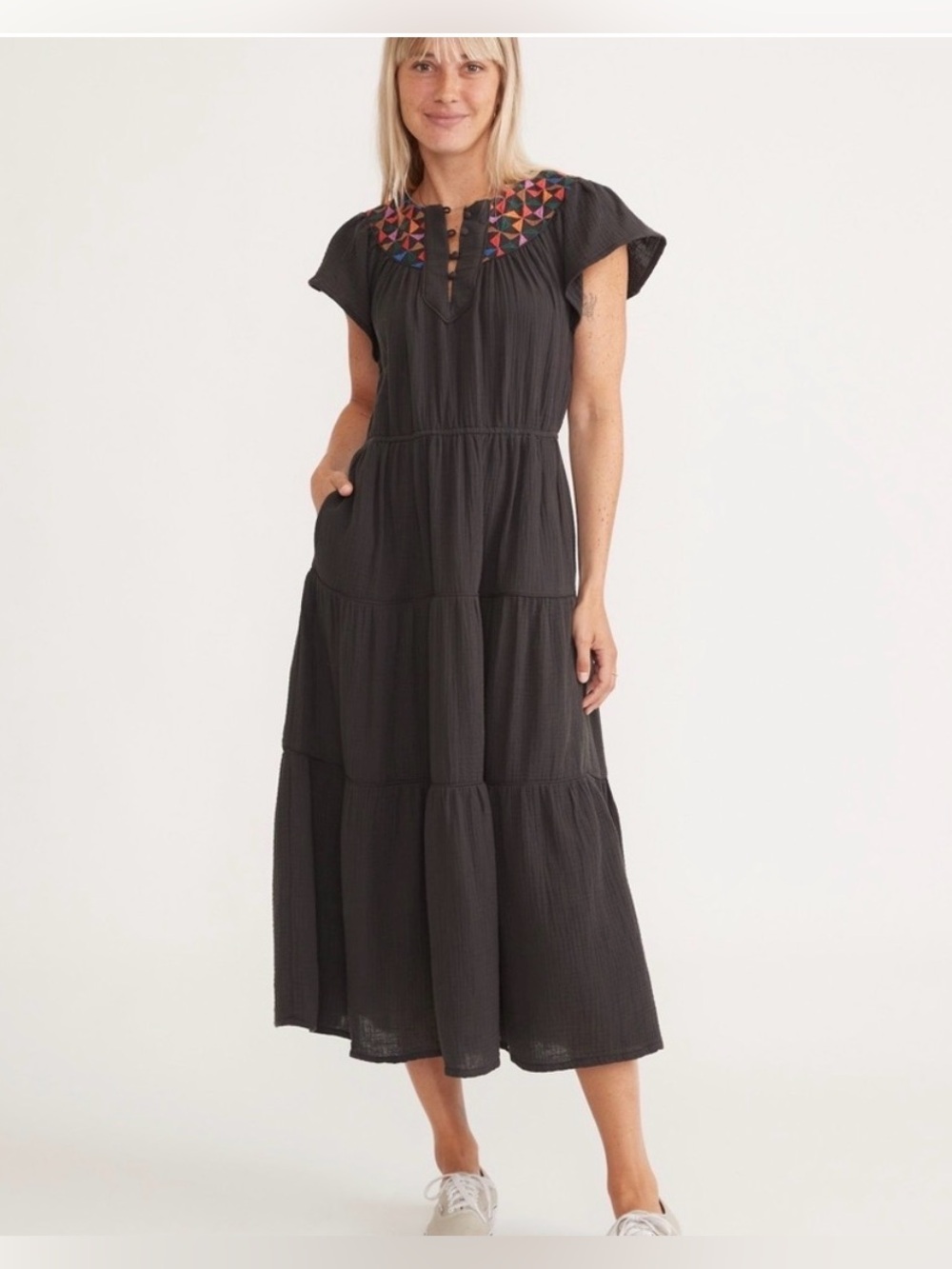 Marine Layer Letitia Black Tiered Midi Dress with Embroidered Yoke, Size Small